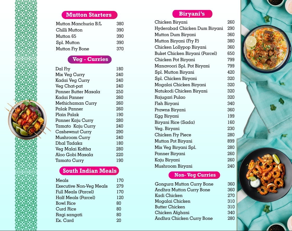 Menu card page 1 — Mutton Starters, Veg Curries, Biryanis, South Indian Meals