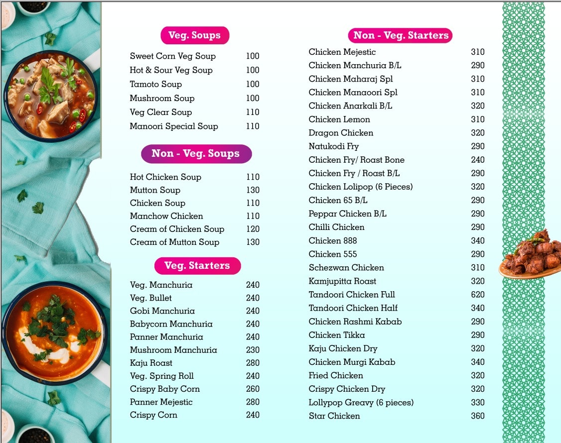 Menu card page 2 — Soups, Veg Starters, Non-Veg Starters, Chicken dishes